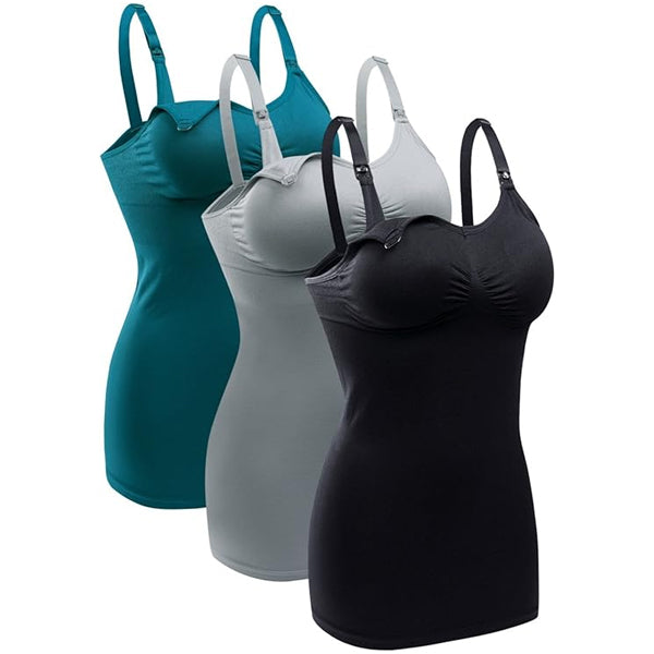 BRLIDO 3 Pack Womens Nursing Tank Tops with built-in bra in XL, colors teal, light gray, and black. Perfect for breastfeeding moms. Shown lined up on mannequins with adjustable straps.